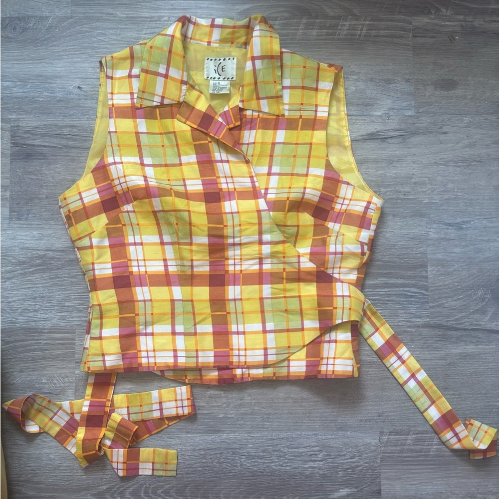 Vintage Retro Ice Yellow and Red Plaid Wrap Blouse